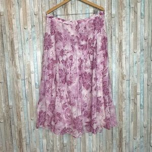 J Jill 14 Pink 100% Linen Floral Print Pleated Full A Line Midi Skirt Fairy